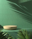 Minimal Wooden Podium Display Nature Concept With Sunlight Shadow Palm Leaf On Green Concrete Wall Abstract Background 3d Render Royalty Free Stock Photo