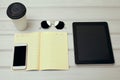 Minimal Work Desk with Tablet, Smartphone, Note and Coffee. Office Freelancer Table. Stylish Work Place with Accessories