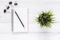 Minimal work space - Creative flat lay photo of workspace desk. Office desk background with notebooks and pens and plant. Royalty Free Stock Photo