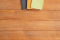 Creative flat lay photo of workspace desk. Office desk wooden table background with mock up notebooks. Royalty Free Stock Photo