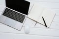 Minimal work space - Creative flat lay photo of workspace desk. Top view office desk with laptop, notebooks and coffee cup on