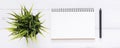 White office desk wooden table background with open mock up notebooks and pens and plant. Royalty Free Stock Photo