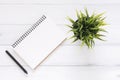 Creative flat lay photo of workspace desk. White office desk wooden table background with open mock up notebooks and pens. Royalty Free Stock Photo