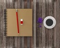 Minimal work space : notebook, red pencil, eraser with coffee o