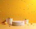 Minimal Yellow Concept Mockup Stone Podium With Gift Box And Ribbon Falling Background 3d Render