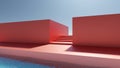 Minimalism architecture pool, blue sky and red walls. 3d render