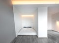 Minimalism Bedroom in Apartment. White Bright Walls. Home Interior