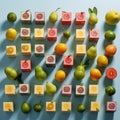 Conceptual art. Isometric grid. Whole and chopped fruits. Multicolored.