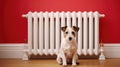 minimalism, a dog sits near a heater on a red
