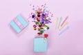 Minimalism. Gift box, colored elements, confetti, mock-up, Happy Birthday. copy space. party background.