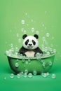 Minimalism, a little panda in the bathtub with a lot of soap bubbles, green background