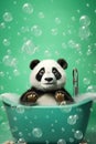 Minimalism, a little panda in the bathtub with a lot of soap bubbles, green background