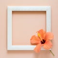 Minimalism. Masterpiece in wooden frame decorated hibiscus flower. Royalty Free Stock Photo