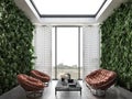 Minimalism modern interior scandinavian design. Bright studio living room and indoor terrace. Large panoramic windows, green wall Royalty Free Stock Photo