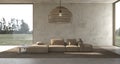 Minimalism modern interior scandinavian design. Bright studio living room with plaster wall mock up. Panoramic windows with nature Royalty Free Stock Photo
