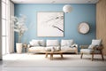 blue wall home modern interior sofa minimalism design furniture apartment room. Generative AI.