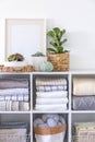 Minimalism Nordic closet shelves neatly folded bed linens and potted plants frame border copy space