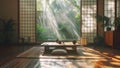 Minimalism style Japanese house room with tea ceremony table, wide opened windows with garden greens. Embracing simplicity unveils