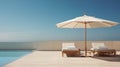 The minimalism of the terrace with minimalistic sunbeds, simple umbrellas and wooden flooring