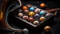 minimalism, view from top, product photo extremely detailed luxury candy box with belgium chocolate candies inside