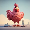 Minimalist 3d Red Chicken: Low Poly Cartoon Character Design