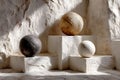 Minimalist Abstract Display of Spherical Sculptures on Concrete Steps in Natural Light Generative AI Royalty Free Stock Photo
