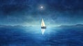 minimalist abstract illustration of a lone man on sailboat in wavy blue sea at night with ethereal dreamscapes art style, Royalty Free Stock Photo