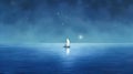 minimalist abstract illustration of a lone man on sailboat in wavy blue sea at night with ethereal dreamscapes art style, Royalty Free Stock Photo