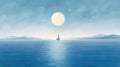 minimalist abstract illustration of a lone man on sailboat in wavy blue sea at night with ethereal dreamscapes art style, Royalty Free Stock Photo