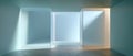 Minimalist abstract interior with three illuminated translucent cubes casting soft shadows in a spacious room with smooth concrete Royalty Free Stock Photo