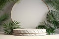 Minimalist abstract scene with round podium and tropical leaves - Ai Generated Royalty Free Stock Photo