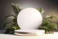 Minimalist abstract scene with round podium and tropical leaves - Ai Generated Royalty Free Stock Photo