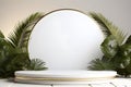 Minimalist abstract scene with round podium and tropical leaves - Ai Generated Royalty Free Stock Photo