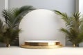 Minimalist abstract scene with round podium and tropical leaves - Ai Generated Royalty Free Stock Photo