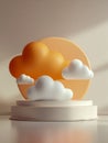 Minimalist abstract scene with stylized cloud shapes floating in front of a large circular sunset backdrop on a two-tiered round Royalty Free Stock Photo