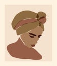 Vector minimalist aesthetic feminine wall art print beautiful African Latino Brazilian turban lady portrait. Neutral earth tone