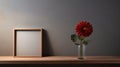 Minimalist Anime Aesthetic: Wooden Frame With Red Flower On Grey Table