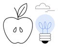 Minimalist apple shape with seed and leafy light bulb, symbolizing nature and innovation Royalty Free Stock Photo