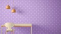 Minimalist architect designer concept, table desk and chair, kitchen or office with lamps on starry wallpaper background, violet a