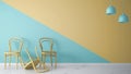 Minimalist architect designer concept with three classic colored chairs, one chair turned violet on blue and yellow background and