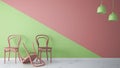 Minimalist architect designer concept with three classic colored chairs, one chair turned violet on pink and green background and Royalty Free Stock Photo