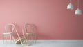 Minimalist architect designer concept with three classic wooden chairs, one chair turned over on pink background and marble floor,