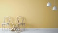 Minimalist architect designer concept with three classic wooden chairs, one chair turned over on yellow background and marble floo