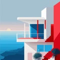 Minimalist architectural house on the beach. illustration design using pastel colors, vacation spot