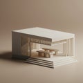 A minimalist architectural model features a pavilion-like structure made of wood. It Royalty Free Stock Photo