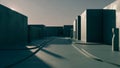 Minimalist architectural scene with geometric concrete buildings and long shadows Royalty Free Stock Photo