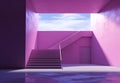 Minimalist architecture in liminal space with stairs. Escapism concept. Digital art