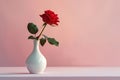 Minimalist arrangement: a sleek white ceramic vase with a single bright red rose against a soft pastel background Royalty Free Stock Photo