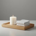 A minimalist arrangement on a wooden rectangular tray features a lit white cylindrica Royalty Free Stock Photo