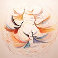 Minimalist art style depicting aerial dance with feathers